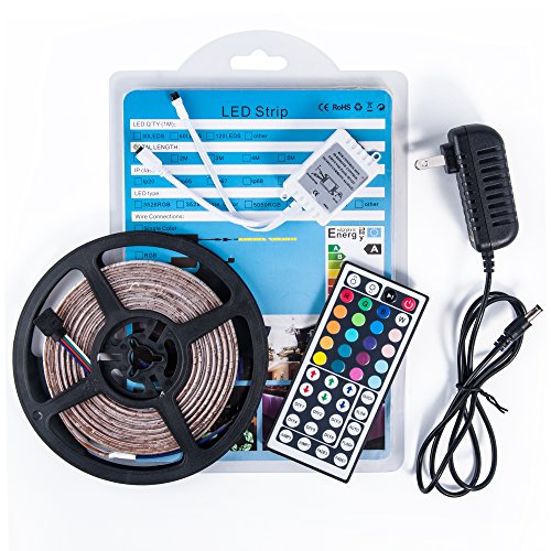 TYUMEN 16.4FT(5M) Flexible RGB LED Strip Light Lamp, Multiple Colors LED Strip, DIY Flash Colors LED Lamp, 3528 RGB Waterproof RGB LED Strip Lights with IR Remote Controller and Power Supply