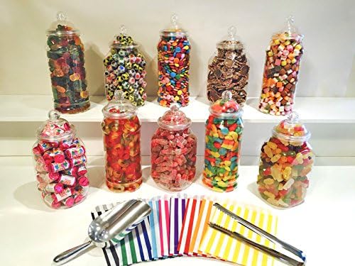 Truly Sweet Candy10 x 1L Plastic Sweet Jars, 1 x Tong, 1 x Scoop, 100 x Candy Stripe Bags for Parties, Weddings (Black)
