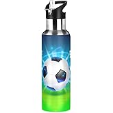 Soccer Ball on Field Water Bottle Kids Insulated Boys Girls Stainless Steel Hot Cold Water Flask with Straw Lid for Sports Gym Running 20 oz