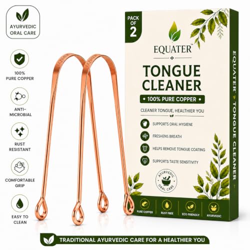 Equater Pure Copper Tongue Cleaner for Adults | Tongue Scraper for Oral Care & Bad Breath | Ayurvedic Tongue Cleaner | Pack of 2 | Made from Pure Copper for Daily Oral Care