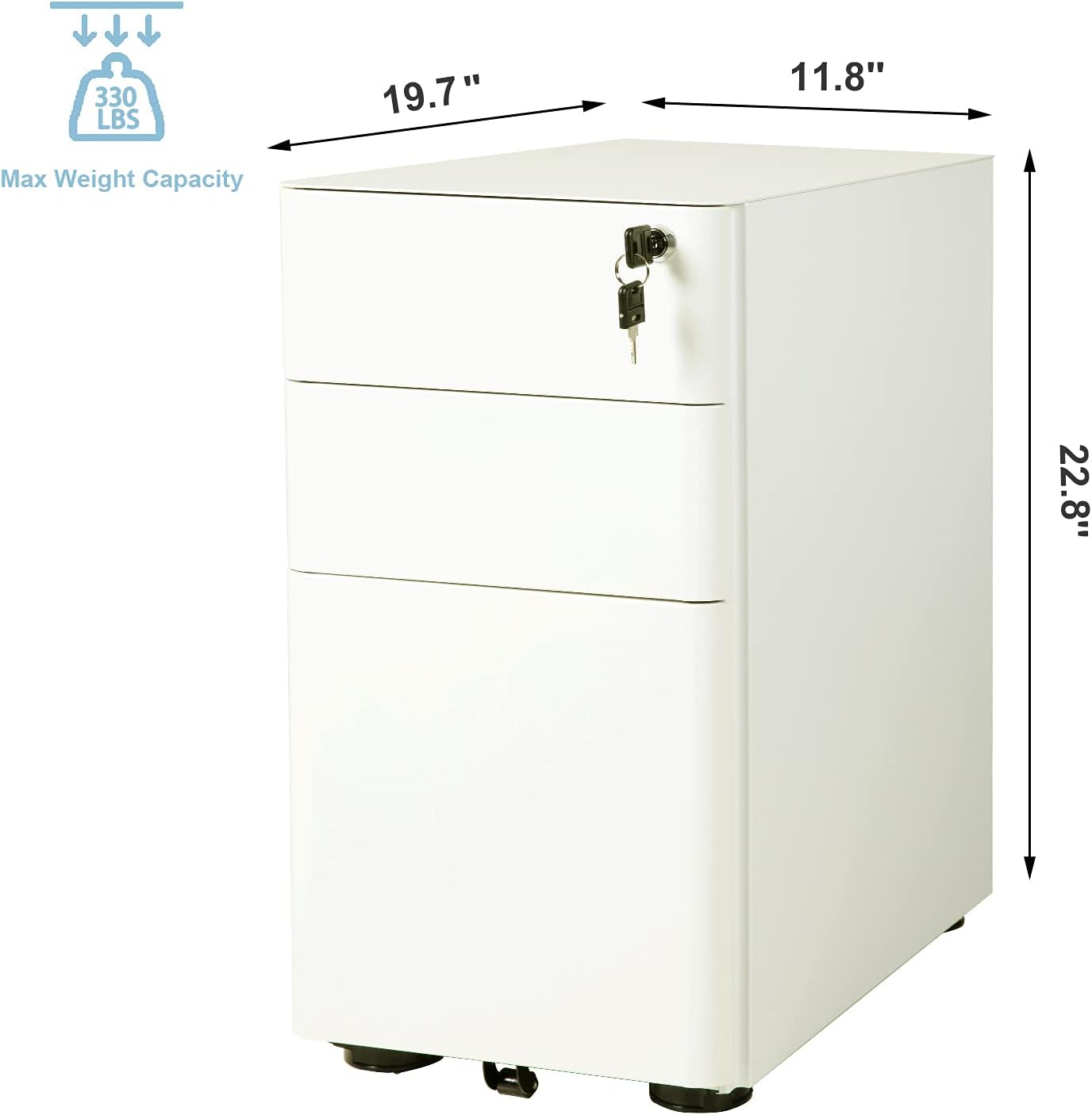 REYADE 3 Drawer Mobile File Cabinet, Slim Metal Office Storage Cabinet with Lock, Under Desk Office Pedestal File Cabinet, Fully Assembled, Suitable for Legal/Letter/A4 File, White: Kitchen & Dining