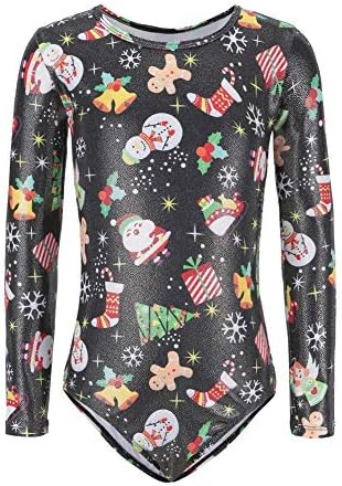 Fushkong Long-sleeve Christmas Santa Claus Pattern Dance Gymnastics Ballet Gradient Color Sparkly Diamond Athletic Bodysuit Dancing Leotard