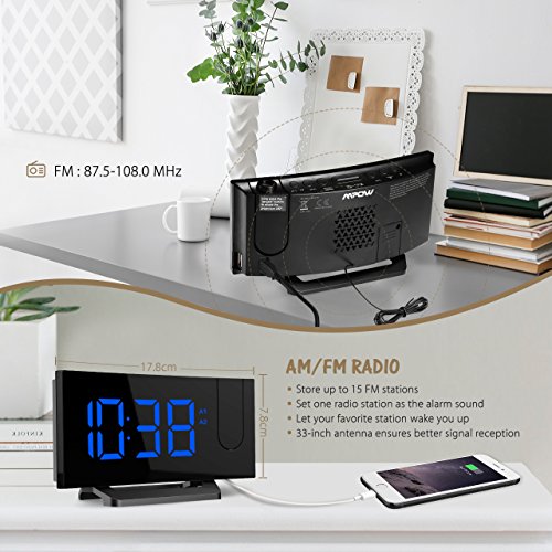 Mpow [Gen-2] Projection Alarm Clock, Arc-shaped Projection Clocks with 5 Inch Dimmer LED Display, Digital Clock Radios for bedroom with Dual Alarm, 12/24 Hours, Backup Battery (Black-Blue) - Thumbnail 5