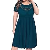 sumoday Plus Size Short Sleeve Lace Boat Neck Midi
