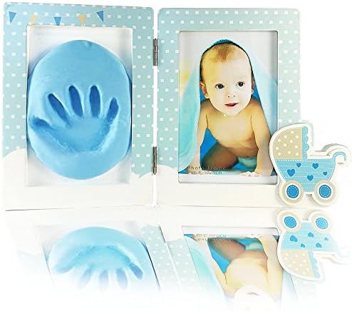 Baby handprint &amp; footprint kit by American Global | Baby shower gift, Clay picture frame keepsake, 6'' x 4'' picture, Blue boarder, Capture timeless impressions