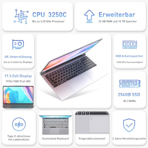 Auusda Laptop 17.3 Inch Notebook, 8GB DDR4 RAM 256GB SSD, 3250C Processor, Fingerprint Sensor, Illuminated Keyboard, Numeric Keypad, Privacy Camera Cover, Lightweight Notebook for School & Office