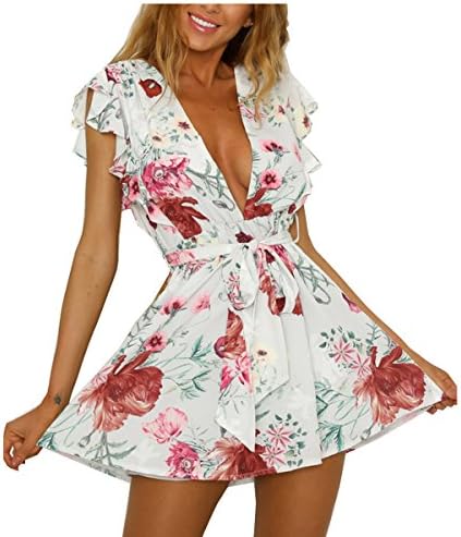 Vaniglia Women Floral Print Sleeve Sexy Deep V-Neck Tunic Top Casual Mini Dress