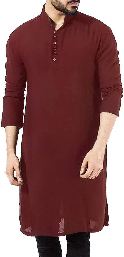 Mens Henley T Shirt Cotton Linen Nightshirt Long Sleeve Gown Islamic Muslim Robe Thobe Ethic Kaftan Summer Casual Shirts Tops