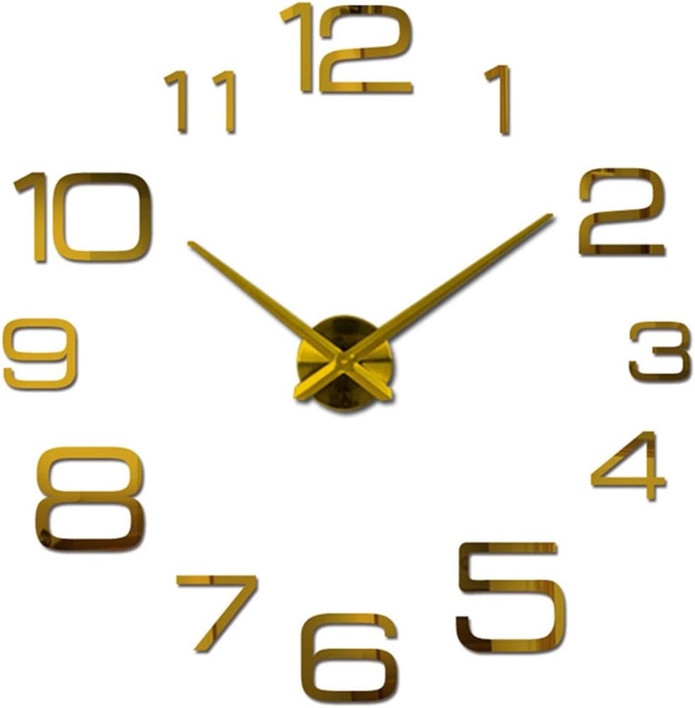 Netmetoo 3D Wall Clock Large Modern DIY Home Decor Sticker Frameless for Living Room Bedroom Office Bar (Gold 2)