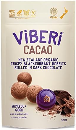 ViBERi - New Zealand Organic Crispy Blackcurrant Berries - Dark Chocolate Rolled 3.2oz / 90g (3 Pack)