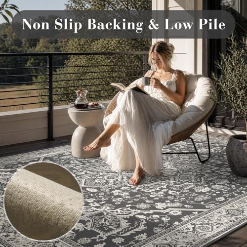 Engiw-Outdoor Rug-Patio Rug 8x10 Textured Weave Machine Washable Quick Dry Outdoor Carpet Braided Vintage Non Slip Indoor Outdoor Rug for Deck Porch Balcony Backyard Blackish Grey