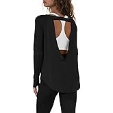 Tankaneo Womens Open Back Workout Shirts Casual Long Sleeve Boat Neck Tops Athletic Gym Yoga Tees with Thumb Holes