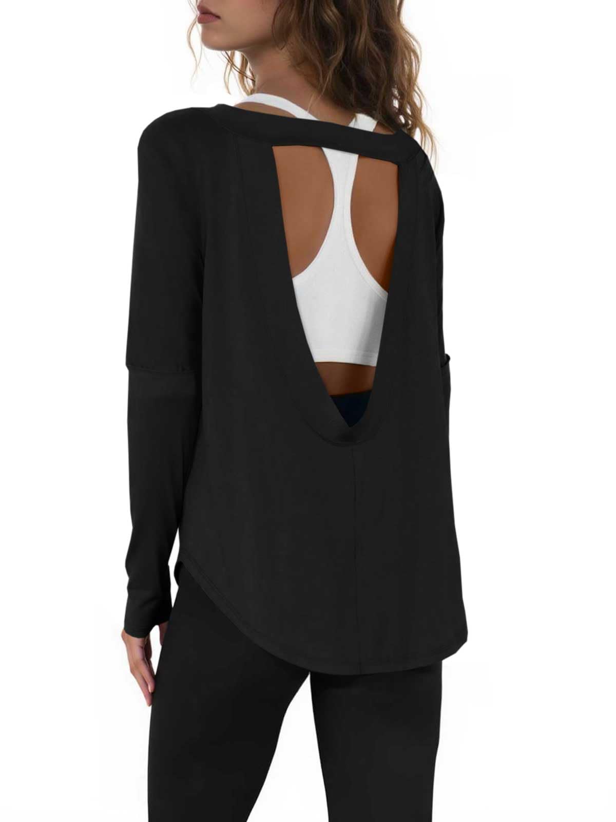 Photo 1 of Tankaneo Womens Open Back Workout Shirts Casual Long Sleeve Boat Neck Tops Athletic Gym Yoga Tees with Thumb Holes Black