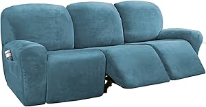 H.VERSAILTEX 8-Pieces Recliner Sofa Covers Velvet Stretch Reclining Couch Covers for 3 Cushion Sofa Slipcovers Furniture Covers Form Fit Customized Style Thick Soft Washable(Large, Peacock Blue)