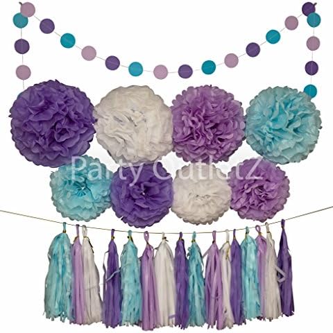 25pcs Pompoms+Tassels+Dot garlands, Birthday/Baby shower/Bridal Shower Party Decoration Set: 8 Pom Poms, 16 Tassels and 1 Mixed Polka Dots/Circular Dots Garlands - Purple, Lavender, Blue and White