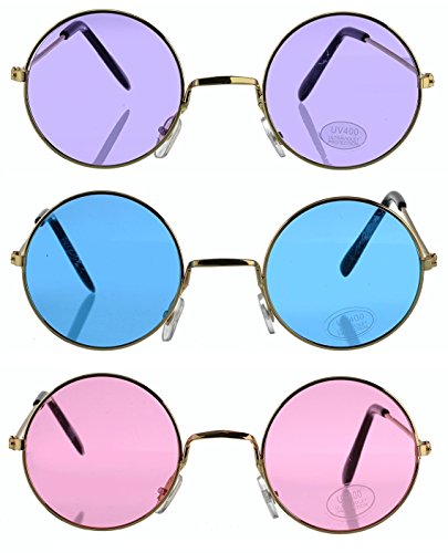 Toy Spout Set of 3 Round Retro Hippie Fashion Sunglasses - Includes Blue, Purple and Rose Colored John Lennon Style Colored Sunglasses - Perfect Costume Accessory, Party Favors, Stocking Stuffer