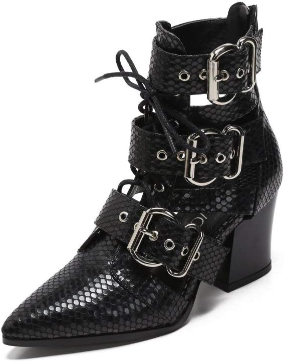 MACKIN J 546-2 Women's Pointed Toe Ankle Boots Lace Up Chunky Block Heel Buckle Boots