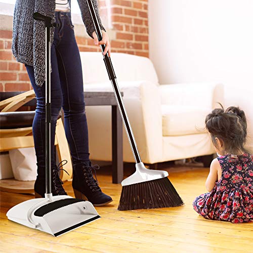 Broom and Dustpan Set with Self Cleaning Bristles, Upright Stand Up