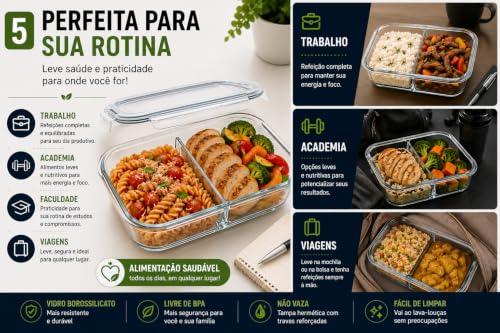 Pote Marmita de Vidro Borossilicato com Divisória | Hermético 2 Compartimentos 1040ml | Freezer Micro-ondas Livre BPA