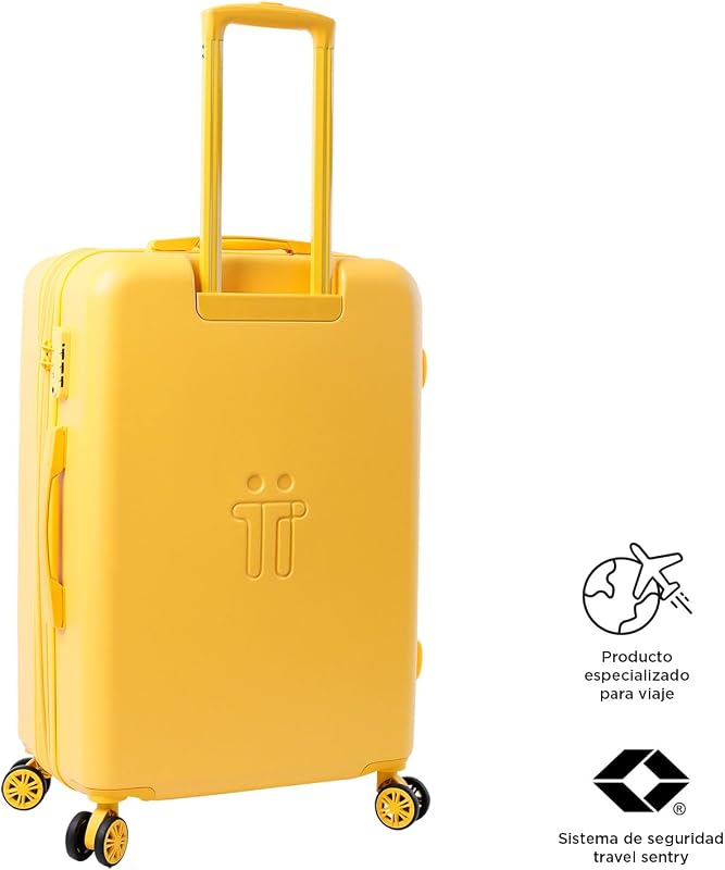 - Mala Média Dura, modelo Bazy+, 43,5 x 69 x 26 cm, capacidade de 64 L, expansível, resistência a impactos, rodas de 360º, pega telescópica, tiras internas, fechadura TSA, cor Super Lemon