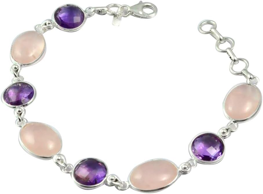 NiaoZaiFei YunZaiKan Genuine Amethyst + Rose Quartz Bracelet 925 Sterling Silver,21 cm, MHBB0116