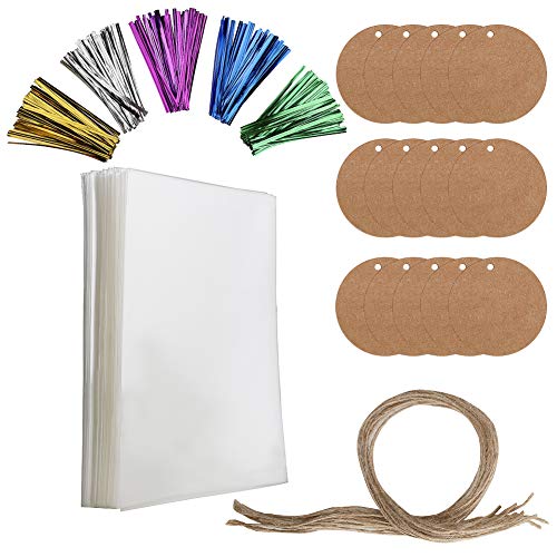 Cellophane Bags,200pcsTreat Bags with 200 Twist Ties 5 Mix Colors Good for Bakery, Cookies, Candies,Dessert,Popcorn (4'' x 6'')