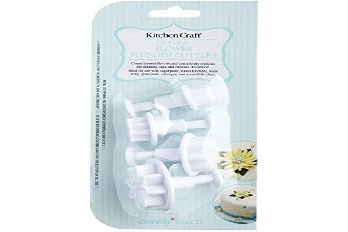 KitchenCraft Sweetly Does It Fondant Cutter Set, Flower Moulds, Plastic, Pack of 4 Icing/Fondant Plunger Cutters for Cake Decorating