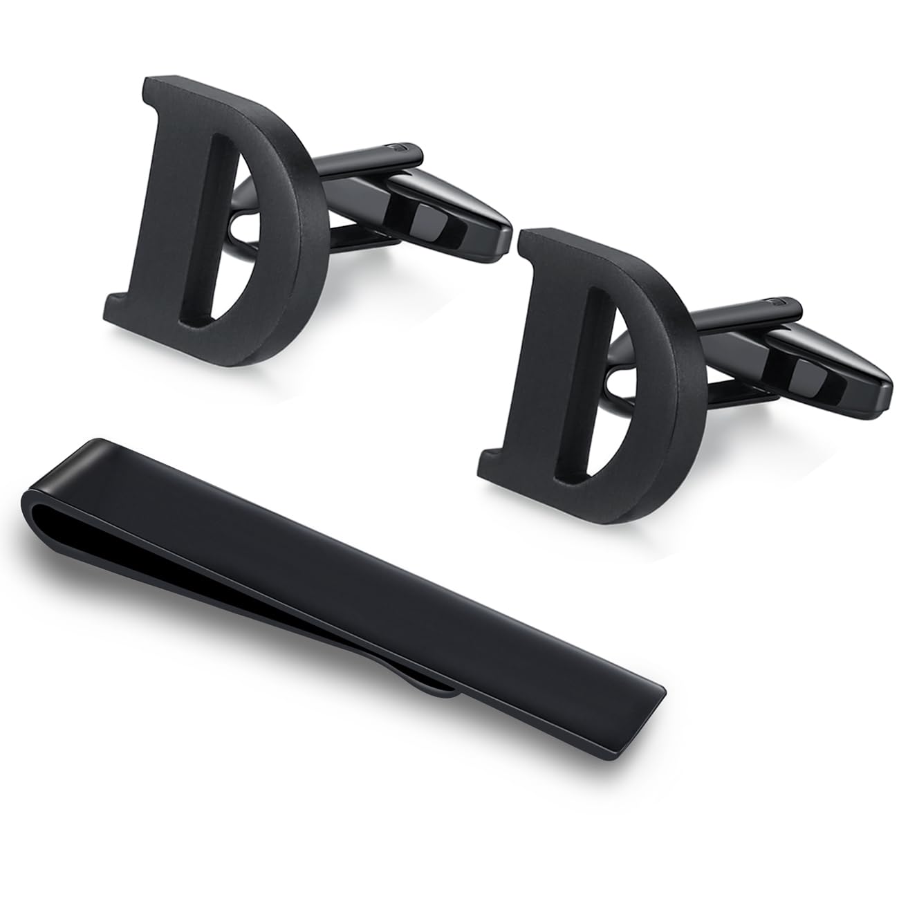 Honey Bear Initial Alphabet Letter Cufflinks Tie Clip Set for Mens - Black Stainless Steel, for Business Wedding Gift A - Z (D)