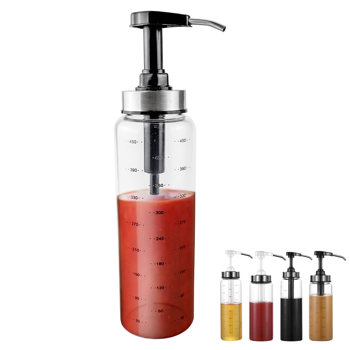 DOERDO 500ml Olive Oil Pump Dispenser Condiment Press Bottles Glass Pump Dispenser for Honey Ketchup Salad Dressing Hot Sauces, Black