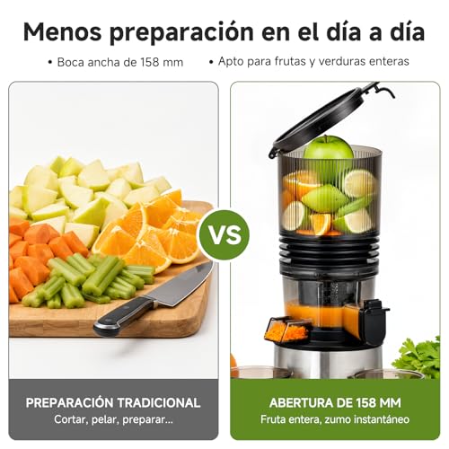 AMZCHEF Extractor de Zumos 158 mm Boca XXL, Licuadora de Prensado en Frío para Frutas y Verduras, Slow Juicer 2L con Vaso de Pulpa y Vaso de Zumo, Fácil Limpieza, Motor Silencioso, Acero Inoxidable