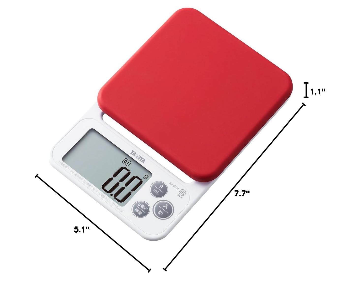 Tanita KJ-212 RD Cooking Scale with Removable and Washable Silicone Cover, Measures Up to 4.4 lbs (0.1 g) Units, Includes Hook Hole, Convenient Storage, Digital Scale, Red