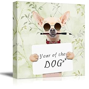 Square Dog Series Canvas Wall Art - Year of The Dog - Cool Chihuahua Dog with Sunglass Hold a Board - Giclee Print Gallery Wrap Modern Home Art Ready to Hang - 12x12 inches