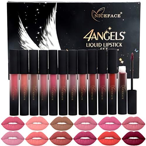 Matte Nude Lipstick Set, NICEFACE Waterproof Long Lasting Lip Gloss 4ANGELS Non-Stick Cup Liquid Lipstick Set (12 Colors)