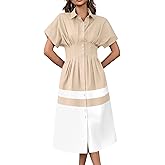 Wenrine Womens Summer Button Down Shirt Dress Casual Color Block V Neck Short Sleeve Corset Maxi Dresses Apricot