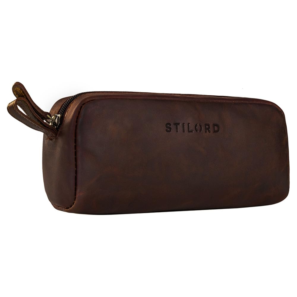 STILORD "Dale" Vintage Leather Pencil Case Zippered Pen Pouch Real Leather Pen Case Large for Work, School, Uni, Office, Gift Idea for Men & Women Colour:Cognac Dark Brown