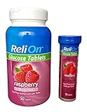 ReliOn Glucose, 50 Tablets with On-The-Go Tube, 10 Tablets. (Raspberry) by Reli On