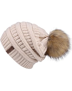 Womens Winter Slouchy Knit Beanie Chunky Faux Fur Pom Poms Hat Bobble Hat Ski Cap