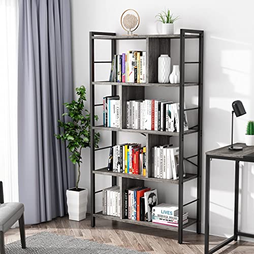 armocity Bookshelf, 5 Tier Tall Modern Bookcase Wood Metal Frame