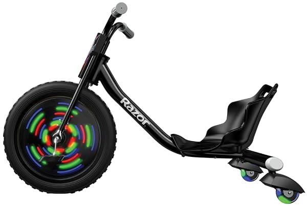 RAZOR RIPRIDER 360 LIGHTSHOW BLACK TRIKE WITH REAR CASTERS AND WITH MOTION-ACTIVATED MULTI-COLOR LIGHTS, 3 WHEELED DRIFTING RIDE-ON FOR KIDS AGES 5 AND UP