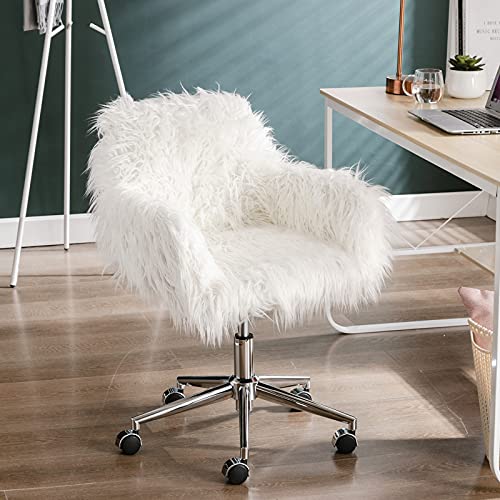 SSLine Faux Fur Vanity Chair Modern White Furry Makeup Desk Chairs for