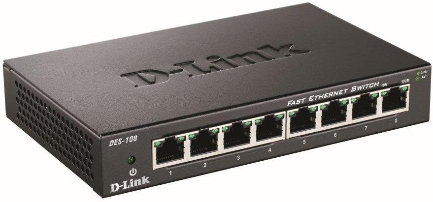 D-Link DES-108 8-Port Fast Ethernet Unmanaged Metal Desktop Switch 10/100Mbps UK
