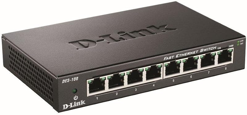 D-Link DES-108 8-Port Fast Ethernet Unmanaged Metal Desktop Switch 10/100Mbps UK