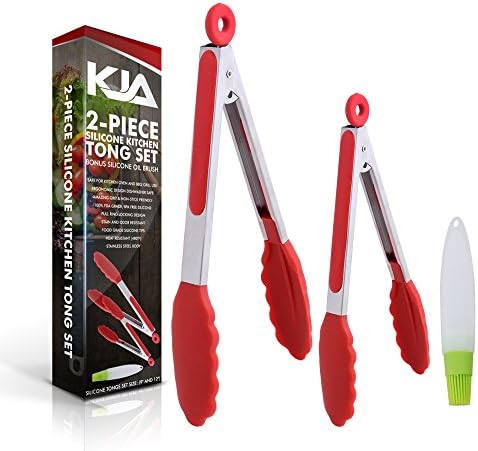 KJA Premium Kitchen Tongs: Set Of 2 (9 and 12 inch) Food Tongs Made With Heat Resistant Silicone – Stainless Steel Utensil For Cooking, BBQ, Grilling, Salad, Fish &amp; Serving – Free Silicone Oil Brush