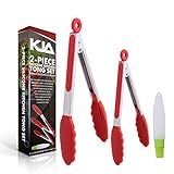 KJA Premium Kitchen Tongs: Set Of 2 (9 and 12 inch) Food Tongs Made With Heat Resistant Silicone – Stainless Steel Utensil For Cooking, BBQ, Grilling, Salad, Fish & Serving – Free Silicone Oil Brush