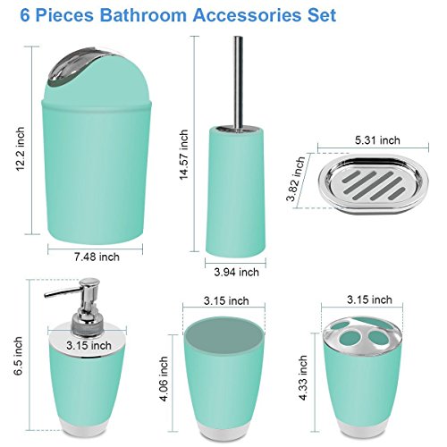 Bathroom Accessories Set,6 Piece Plastic Bath Ensemble Includes Toothbrush Holder,Toothbrush Cup,Soap Dispenser,Soap Dish,Toilet Brush Holder,Trash Can for Decorative Bath and Housewarming Gift-Mint