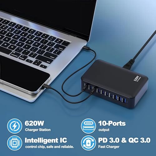 USB C Charger Multiple Charging Station 620W with 3*PD PPS 100W and 65W Multi Type-C Fast Charging Fast Charger Adapter for MacBook, iPad, iPhone 16/15/14/13/12 Pro MAX, Samsung,Pixel 9