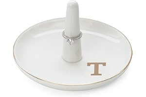 HOME SMILE Initials Ring Holder Jewery Tray with personalized T-Monogrammed Engagement Gifts for Friends,Birthday Mother's Day Christmas Gifts for Women,Ceramic White