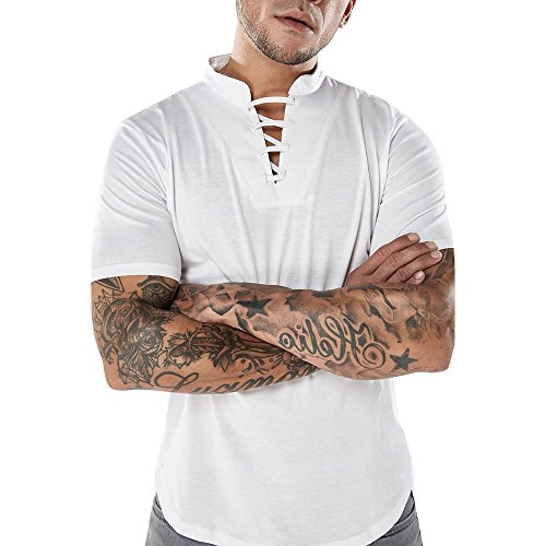 Respctful ♫♫ Men's White Shirt 100% Cotton Casual Hippie Shirt V-Neck Drawstring Short Sleeve Beach Yoga Top - Thumbnail 7