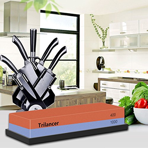 Whetstone Knife Sharpening Stone, 2-Sided 400/1000 Grit Knife Sharpener, Trilancer Japanese Style Waterstone Kit, Angle Guide and Rubber Base Included - Thumbnail 6