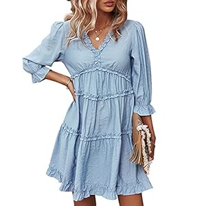 XYJD Lente en Zomer vrouwen Casual Losse Effen Kleur V-hals Lotus Mouw Hoge Taille Jurk Vrouwen